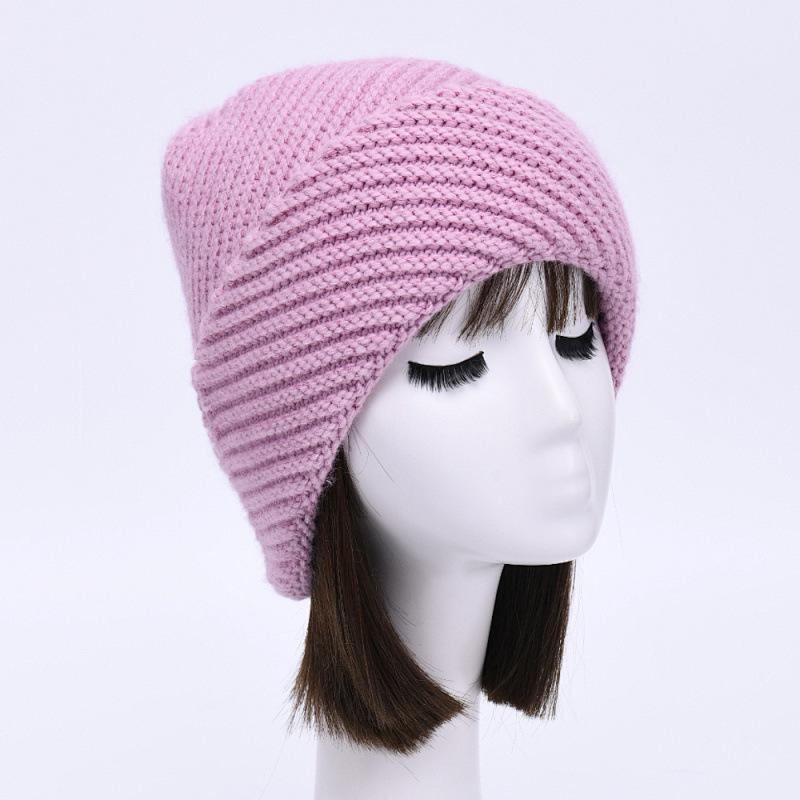 Oblique striped hat women's solid color rabbit velvet wool hat soft waxy casual versatile knitted hat warm autumn and winter fashion windproof