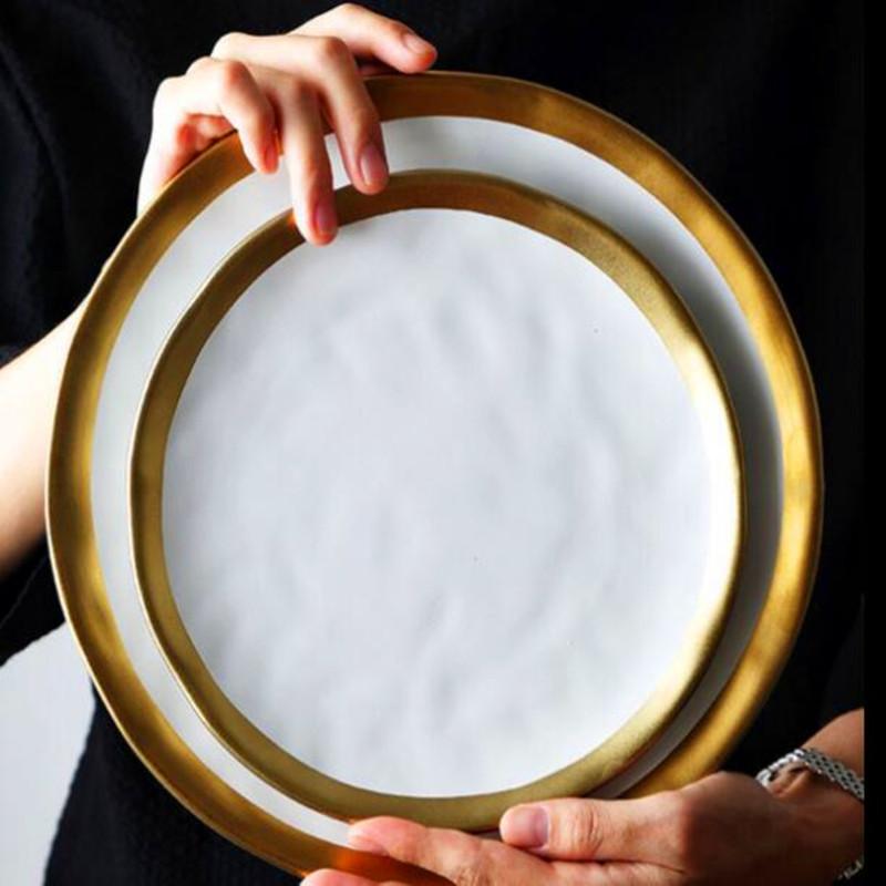 European Style Gold Side Black Plate Retro  Matte Steak Dish Dessert Tray Kitchen Dinner Plates Ceramic Dishes Bowls 1pcs