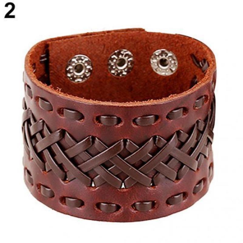 Men s Women s Punk Braid Faux Leather Wide Cuff Bracelet Button Wristband Bangle
