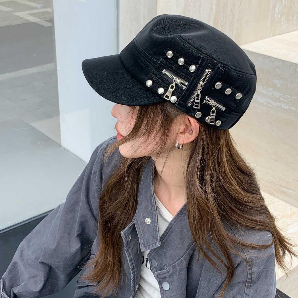 Personalized Rivet Zipper PU Leather Newsboy Hat Female, Retro Locomotive Style Octagonal Cap Autumn and Winter Tide Cool