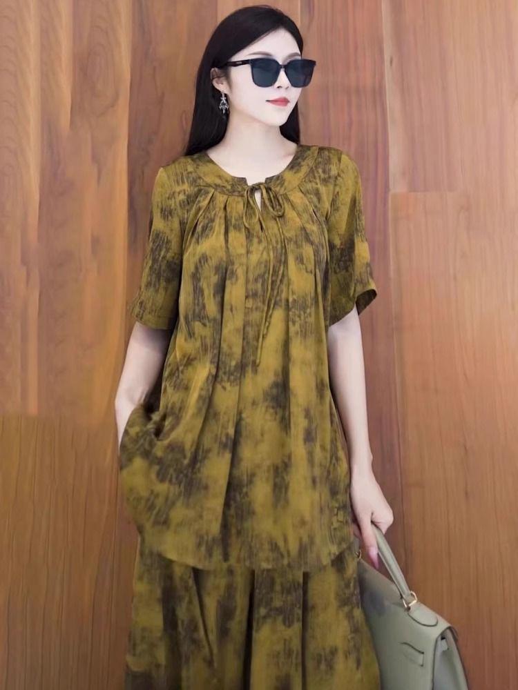 2025 Summer Luxe Retro Print Top & Wide-Leg Pants Plus Size Set