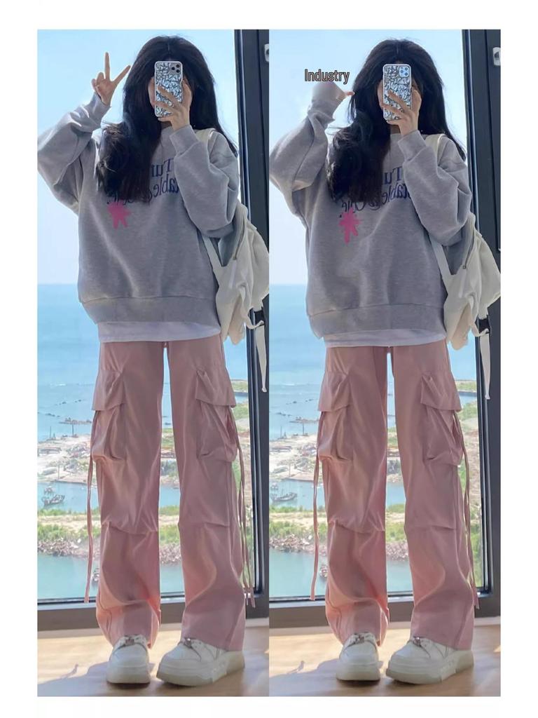 Petite High Waist Gray Wide Leg Cargo Pants for Women - Spring/Summer 145cm Length