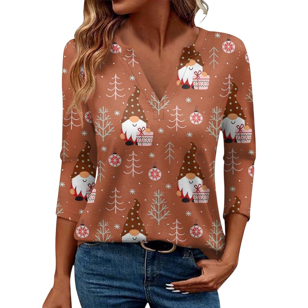 Women's Casual Fashionable Sexy Comfortable V-Neck Christmas Three-Quarter Sleeve Top