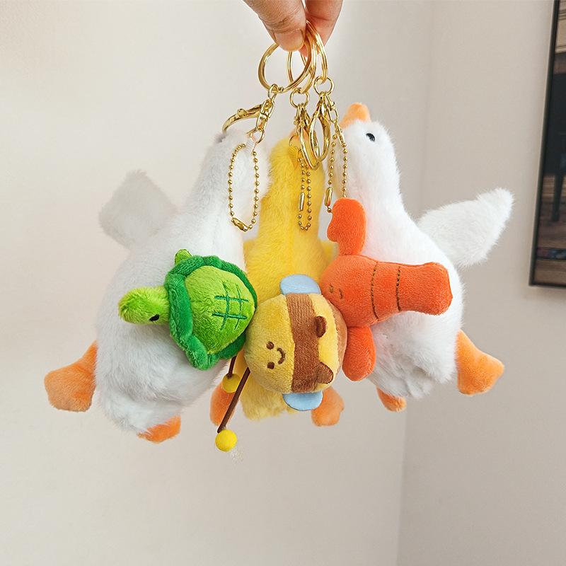 Cute Stretching Big White Goose Keychain Pendant Unzipped Fun Plush Doll Toy Doll Bag Hanging Ornament Doll