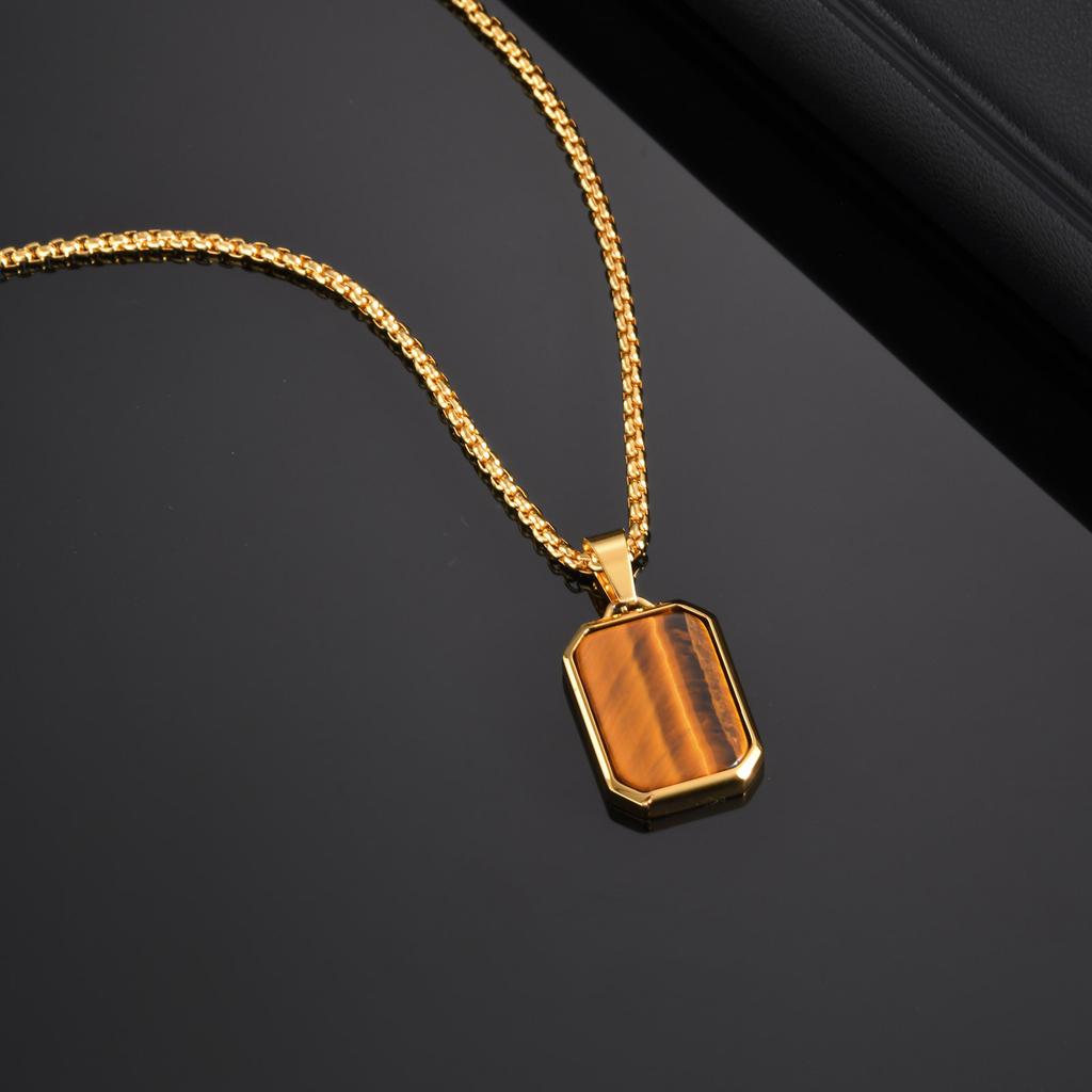 Stainless Steel Rectangle Natural Stone Pendant Necklaces, Minimalist Dainty Chain Necklace, Luxury Fashion Jewelry For Men Gift