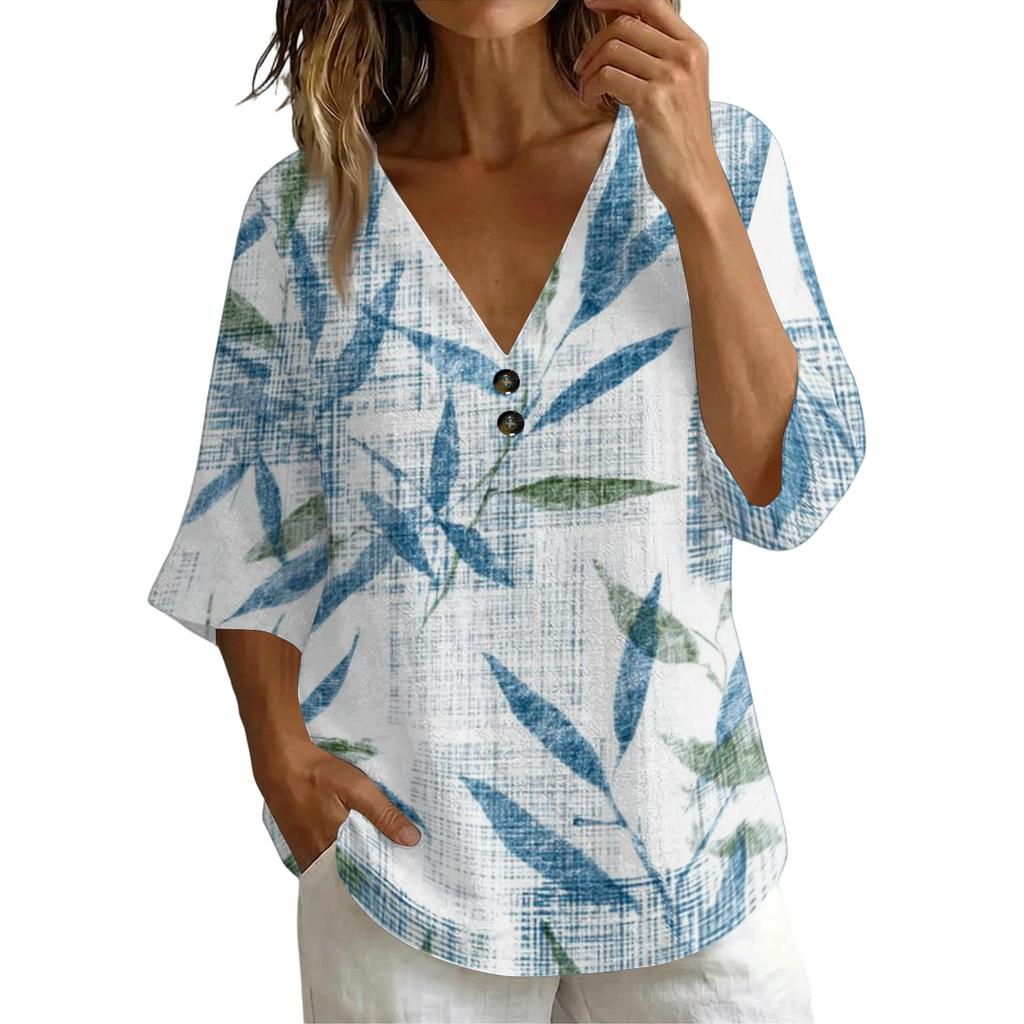 Women's Vintage Floral Print V Neck Loose Fit Short Sleeve Blouse Linen Blend Casual Top with Button Detail