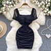 Sommer Frauen Quadrat Kragen Kurzarm Mini Sexy Club Party Schlank Bodycon Etuikleider