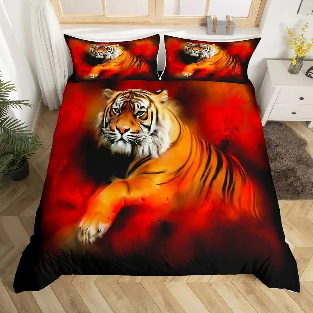 White Tiger Red Rose King Queen Duvet Cover Africa Big Cat 3D Polyester Bedding Set for Adult Teen