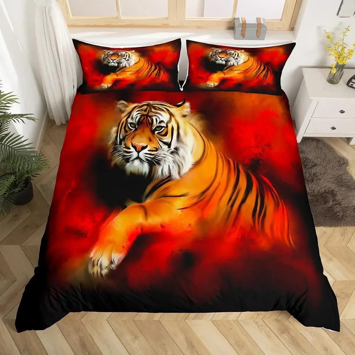 

White Tiger Red Rose King Queen Duvet Cover Africa Big Cat 3D Polyester Bedding Set for Adult Teen 70x133cm 2pcs