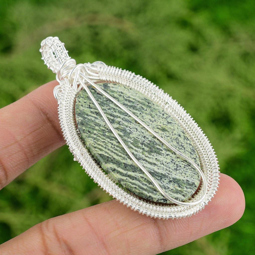 Sterling Silver Oval Green Swiss Opal Gemstone Bezel Wife Wire Wrapped Pendant