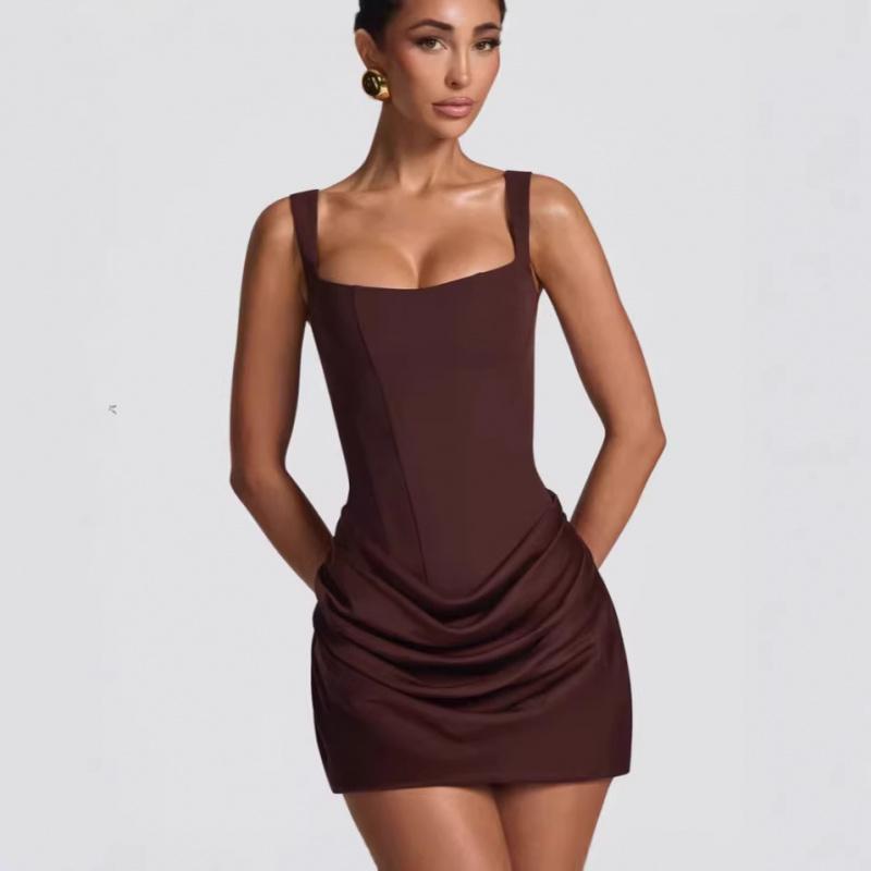 2026 New Women's Sexy Square Neck Sleeveless Bodycon Strap Waist-Cinching Short Dress