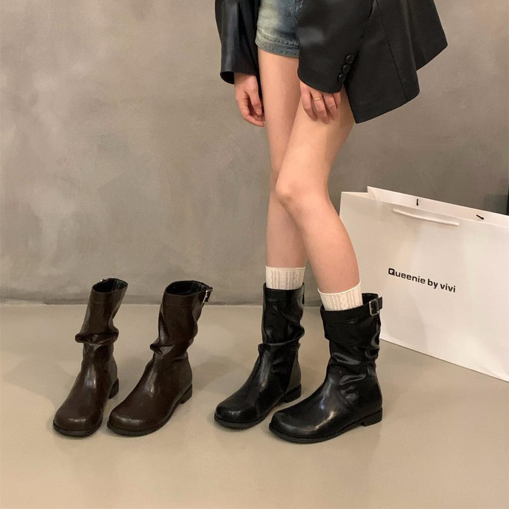 Thick Heel Pile Medium Knight Boots Women's Boots 2025 New Spring and Autumn Black Martin Boots Skinny Brown Short Boots
