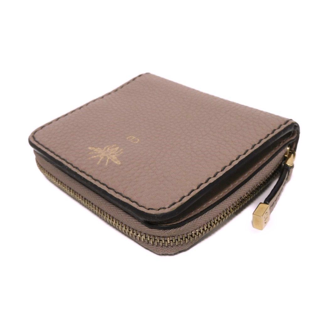 Used Bee Compact Zip Wallet (10656) S8001CVQR 7941, Bee Grain Calfskin, Snap Button, CD Logo, Rose Beige, Women's from