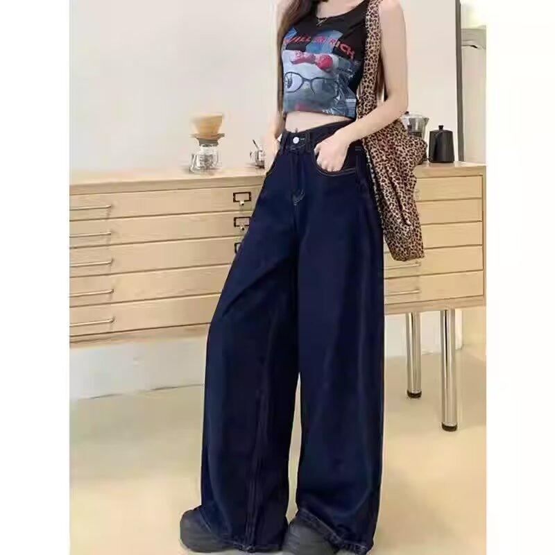 Petite Women's High-Waisted Retro Wide-Leg Jeans - Washed, Loose-Fit, Slimming, Floor-Length.