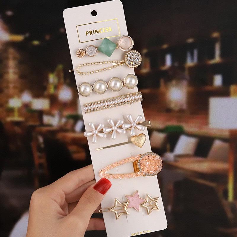 Korean Celebrity BB Hair Clip Set - Pearl Bow & Bangs Accessories