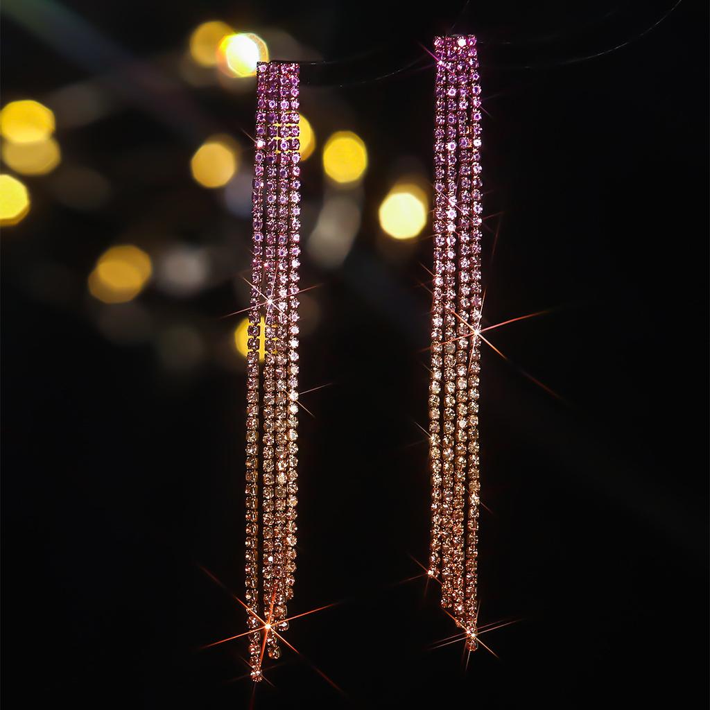 High-end colorful shiny rhinestone long earrings