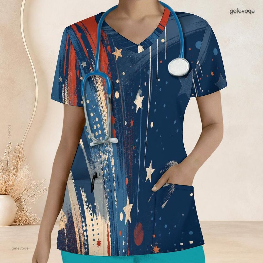 Women Plus Size Star Printed Nurse Scrub Top V Neck Short Sleeve With Front Pockets
