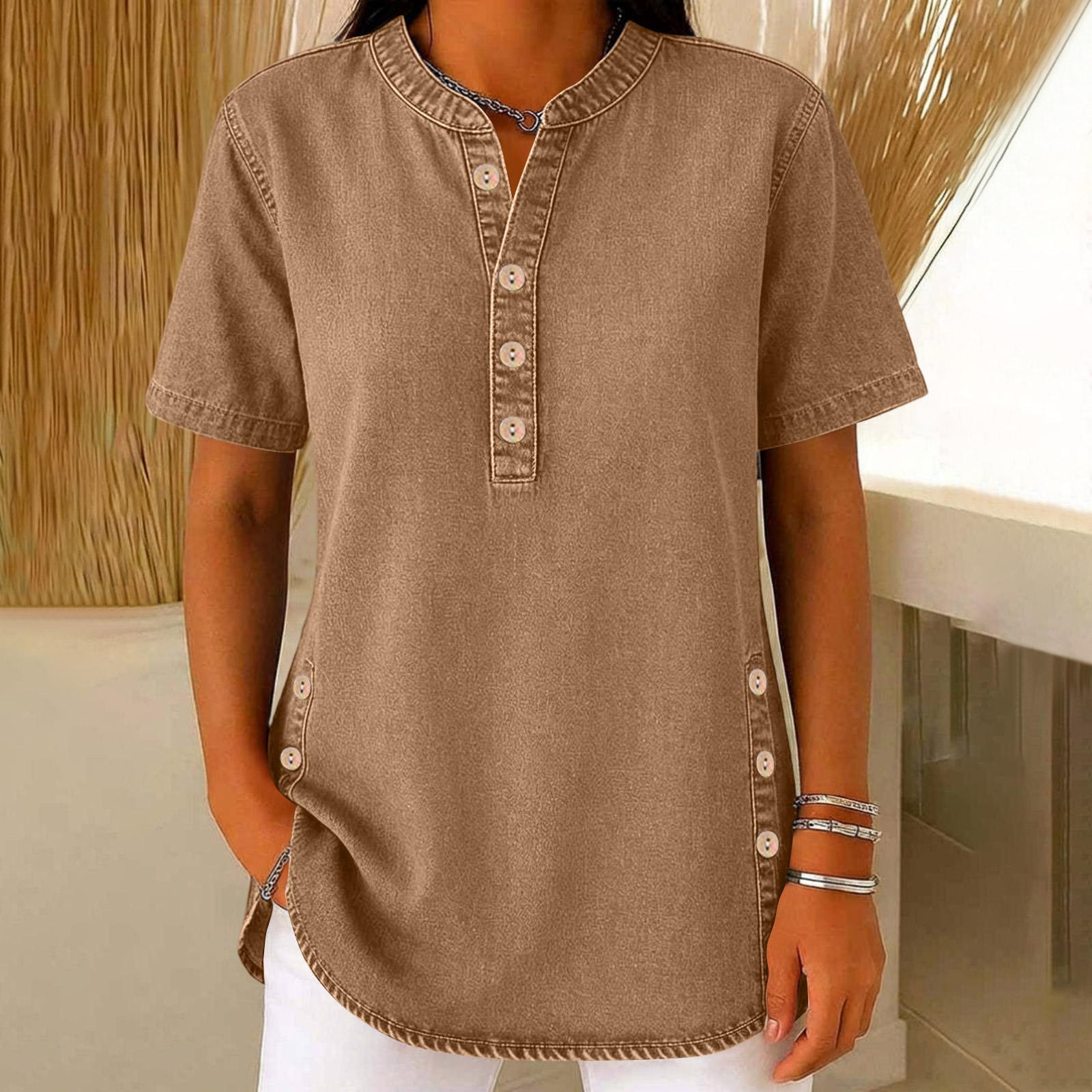 

Women Casual Short Sleeve V Neck Button Front Top Lightweight Soft Fabric Relaxed Fit Tunic Blouse with Side Button Detail XXL коричневый