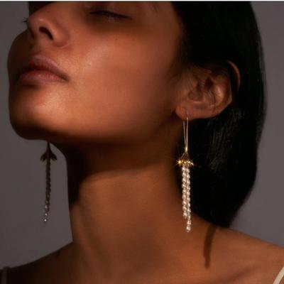 Personality Trend Brass Plated 18K Real Gold Lotus Natural Pearl Tassel Hook Earrings Fashion Earrings Women