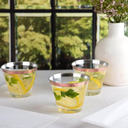 CUTEECO Golden Plastic Cups, 9oz Disposable Cups, Plastic Wine Glasses, Party Cups, Clear Plastic Cups for Parties