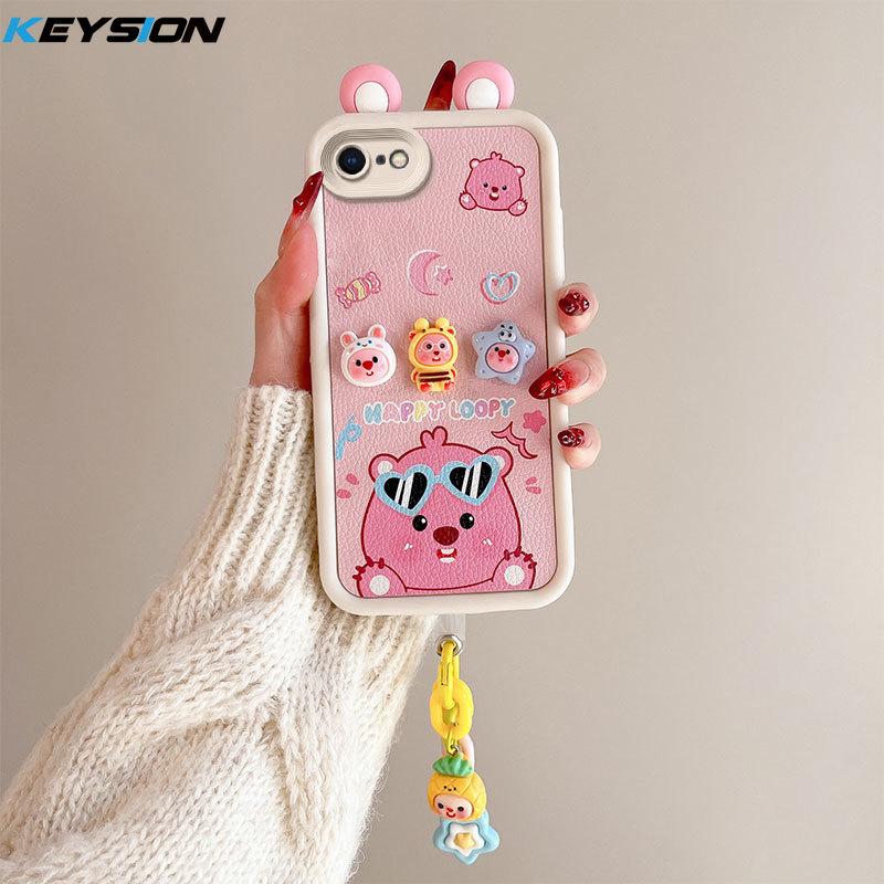 KEYSION Cute Ear 3D Cartoon Case for iPhone SE 2020 2022 with Bracelet Silicone Shockproof Phone Cover for iPhone 8 7 6s Plus