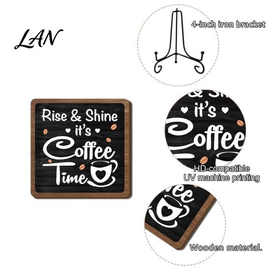 Decorative Wooden Stand Coffee Themed Tabletop Sign, Rustic Kitchen Bar Plaque with Iron Table Display Stand, Farmhouse Home Dining Room Countertop