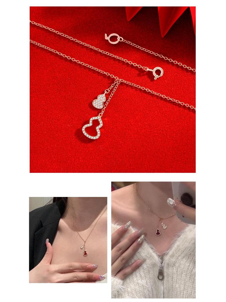S925 Sterling Silver Gourd Necklace: Women's Chinese Style Red Agate Tassel Pendant Chain