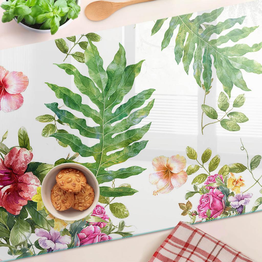 Durable and Stylish Glass Kitchen Board with Floral Pattern 80x52 cm