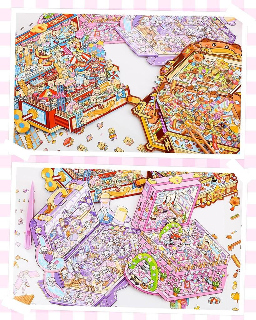 Set of 4 3D Cartoon Scene Miniature Stickers and Make Your Own Home Sticker Kit for Adults and Fun Room Stress Relief Pins, Kids, Decor, (Style 1)
