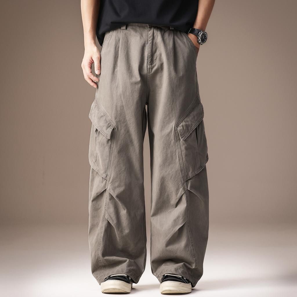 High-end American retro multi-pocket overalls men's summer trendy brand straight pleated loose wide-leg casual pants men