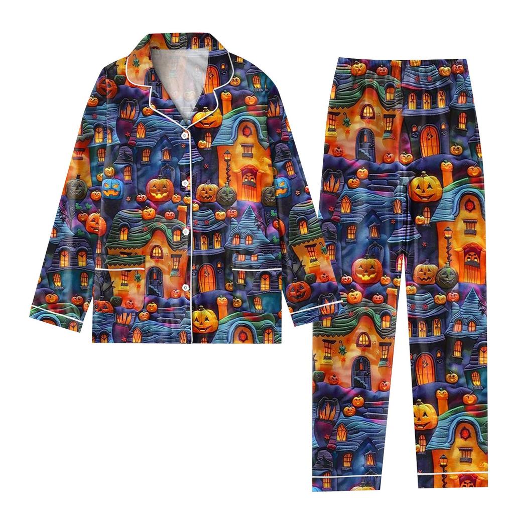 2-teiliger bedruckter Damen-Anzug, langärmelig, Oberteil mit Knopfleiste, weite Hosen, Anzug-Set, Schlafanzug, Home-Casual-Anzug