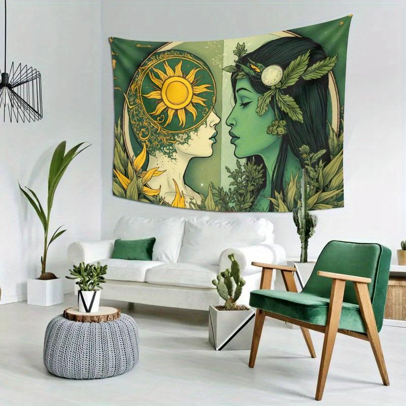 Celestial Woman Tapestry  Sun and Moon Goddess Yin Yang Design Green and Gold Mythical Art for Bedroom or Dorm Decor