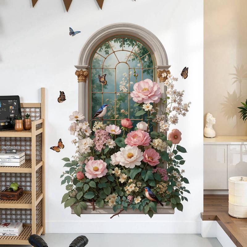 Arched Faux Window Wall Decal Flower and Butterfly Wall Sticker