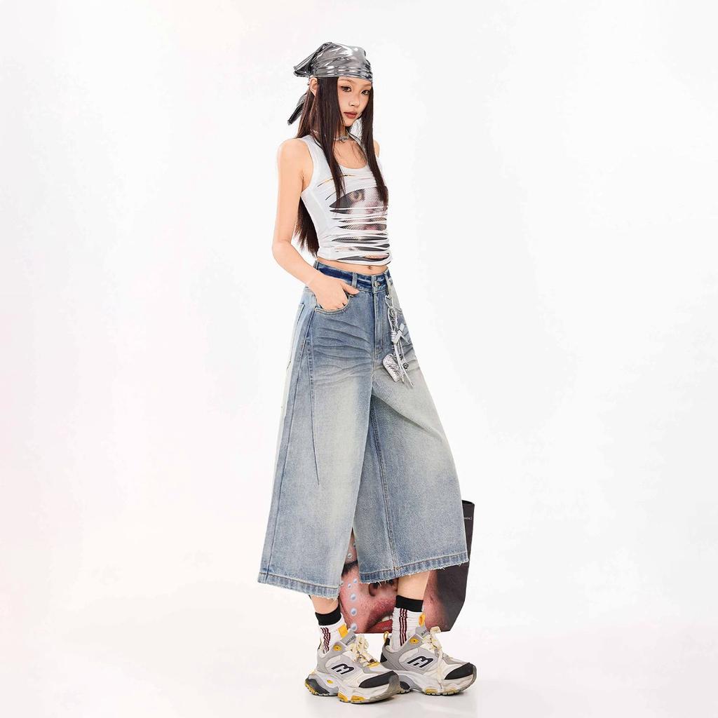 Fashion Summer Vintage Washed Distressed Loose Cropped Capri Denim Pants For Women Trendy Versatile Loose Straight Slimming AllMatch Casual Bottoms
