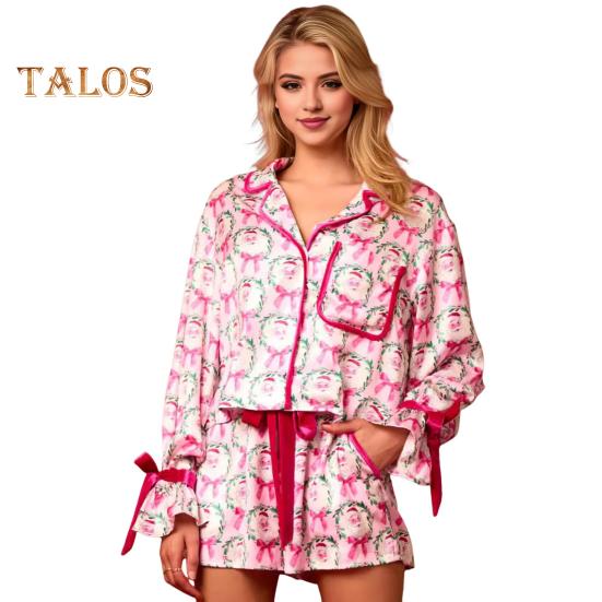 

2 шт./комплект рождественской пижамы с отложным воротником, однобортный кардиган с цветным принтом и бантом, топ, эластичная резинка на талии, шорты, одежда для сна, одежда для отдыха Санты M