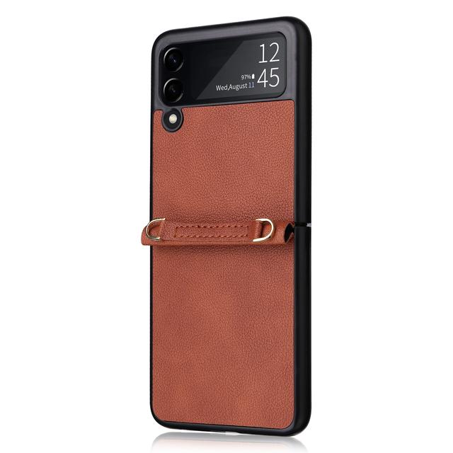 Fall Protection Phone Strap Leather Wallet Case For Samsung Galaxy Z Flip 4 5g Flip3 Flip4 Flip 3 Non -Fingerprint Folding Cover
