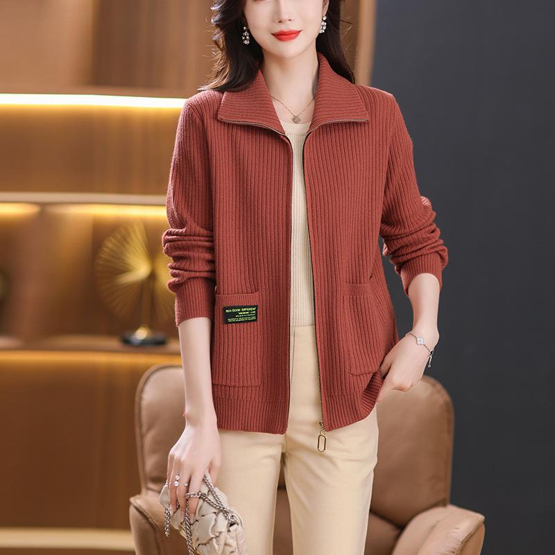 Women's Cardigans Sweaters Outerwear Spring and Autumn Knitwear Lapels Zippered Pockets