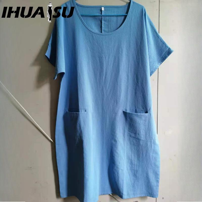 IHUASU Damenmode Sommer Frühling Einfarbig Druck O-Ausschnitt Hohe Taille Freizeitkleider