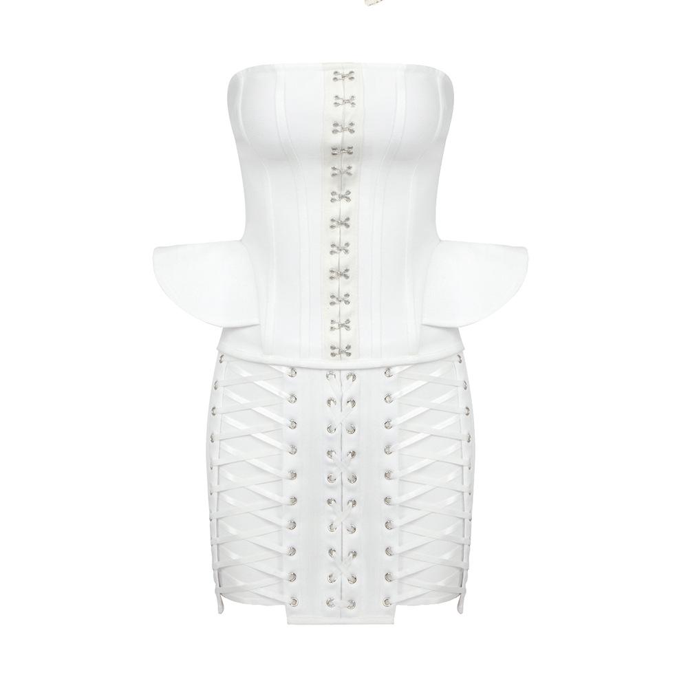 Women's Summer 2023 Corn Eyelet Tube Top & Shorts Two-Piece Set In White