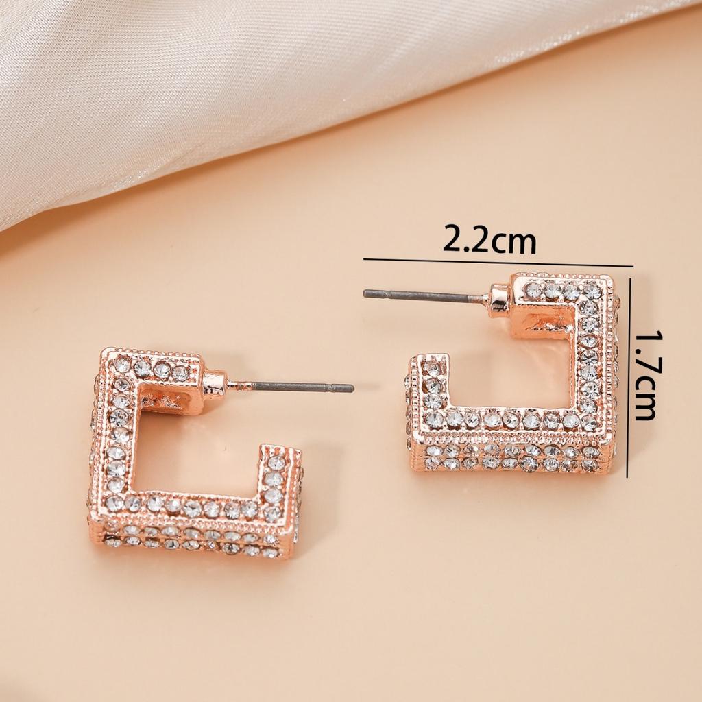 Niche Korean Version Earrings Geometric Square Design Diamond Stud Earrings Fashionable Simple Temperament Full of Diamonds High-end Earrings