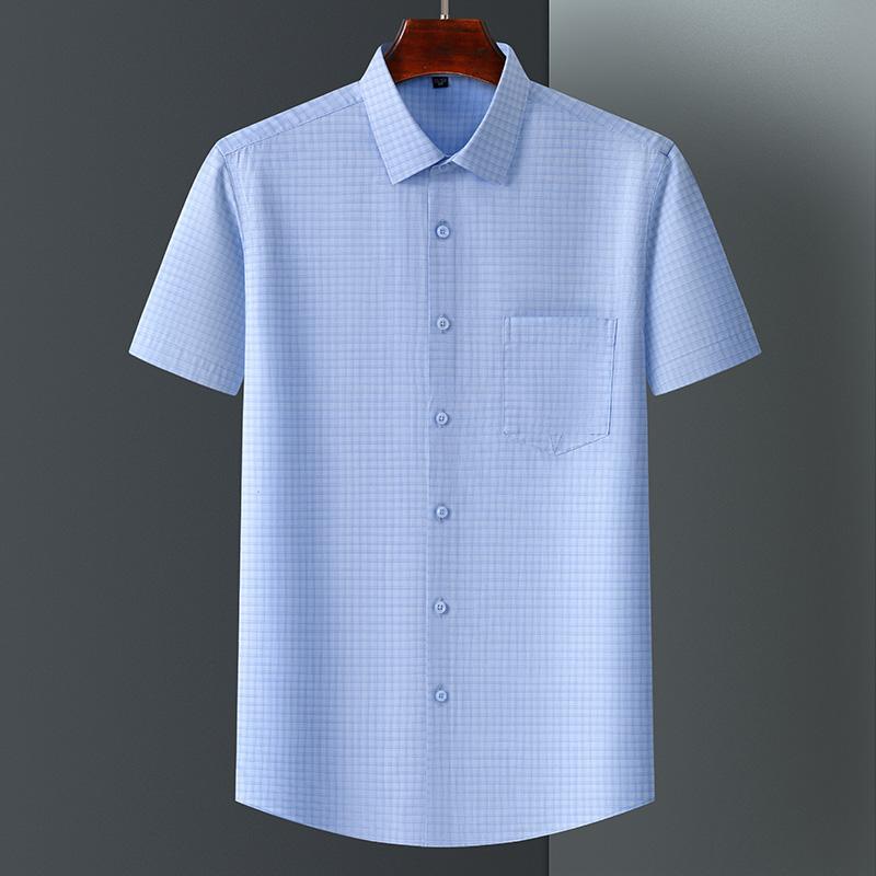 Men's Bamboo Fiber Short Sleeve Shirt Classic Solid Color Printing Plaid Business Formal Social Top Fashionable Office Wear 4XL