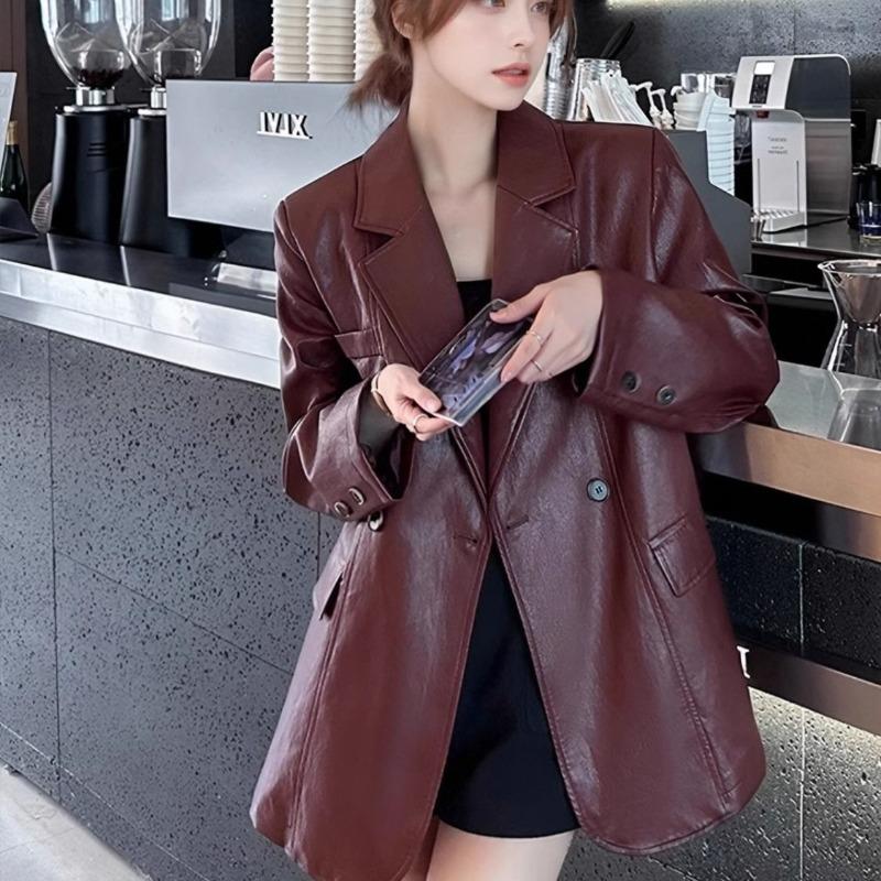 Herbst Neu Ankola Rot Retro Hochwertige Lederjacke Damen Locker Lässig und Dünn Leder Anzug Trend
