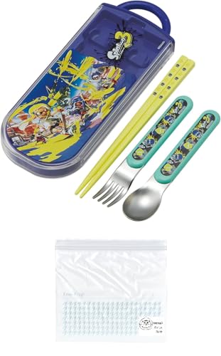 Splatoon 3 Trio Set: Chopsticks, Spoon, Fork, Bento Chopstick Case, Slide-out Chopsticks, Made in Japan, Dishwasher Safe, Antibacterial, Splatoon Set