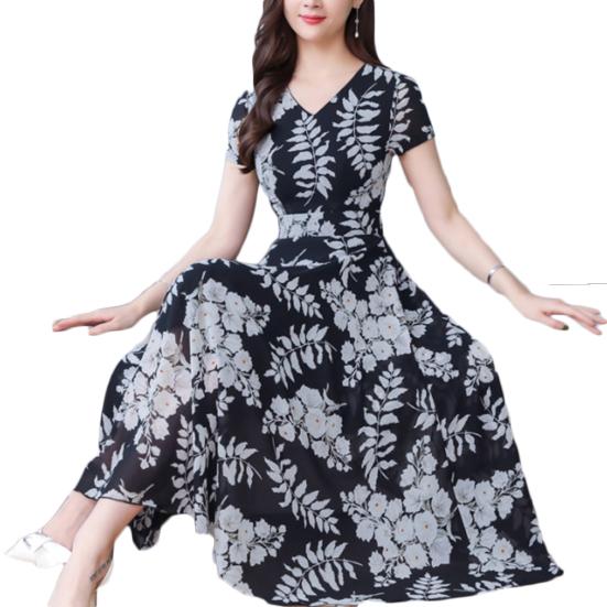 Lady Fashion Floral Print Tight Waist Large Swing V-Neck Short Sleeve Maxi Dress