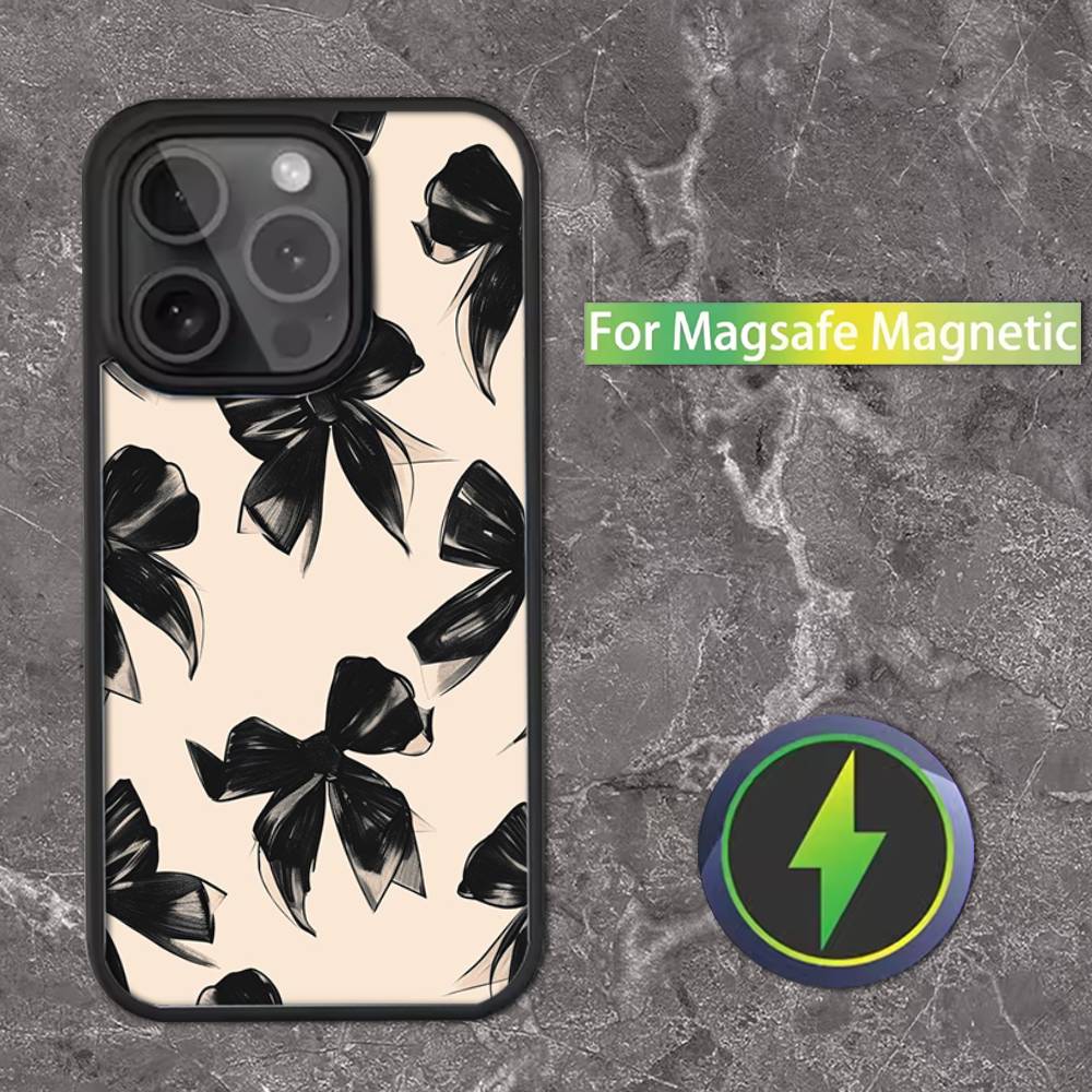 Korean Cute Pink Bow Phone Case For iPhone 17,16,15,14,13,12,11,Pro,Max,Plus,Mini,SE Magsafe Magnetic Wireless Charging