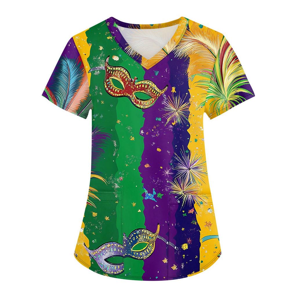 Módní dámské pracovní oděvy s výstřihem do V a krátkým rukávem s kapsami