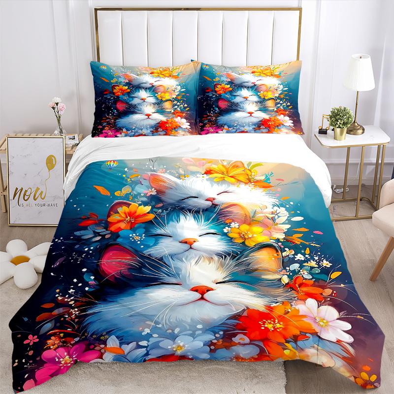3pcs Two Cats Surrounded by Colorful Flowers Bedding Set - Includes Quilt Cover and Pillowcases, Suitable for All Seasons, Machine Washable