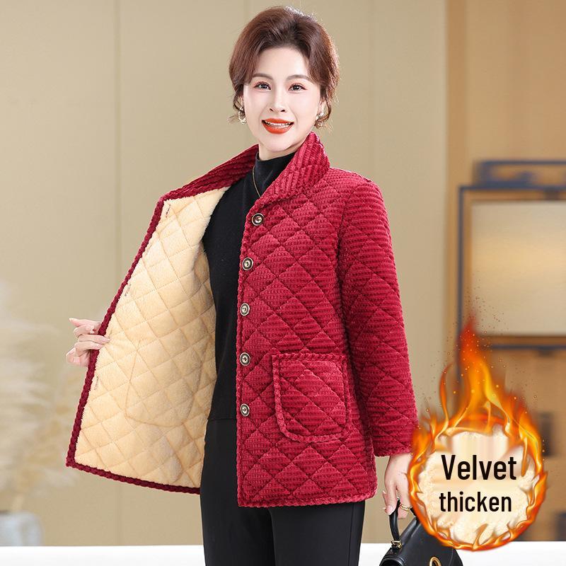 Stylish Plus Size Corduroy Fleece-Lined Jacket for Middle-aged & Elderly Women