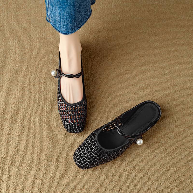 Krazing Pot Microfiber Mules Weaving Summer Size 41 Low Heels Pearl-studded Party Shoes Women Square Toe Gladiator Hollow Out Pumps