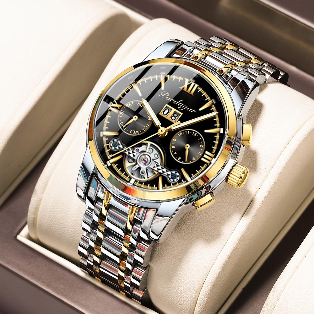 POEDAGAR Automatic Mechanical Watch Men Tourbillon Skeleton Wristwatch Calendar Week Display Leather Strap